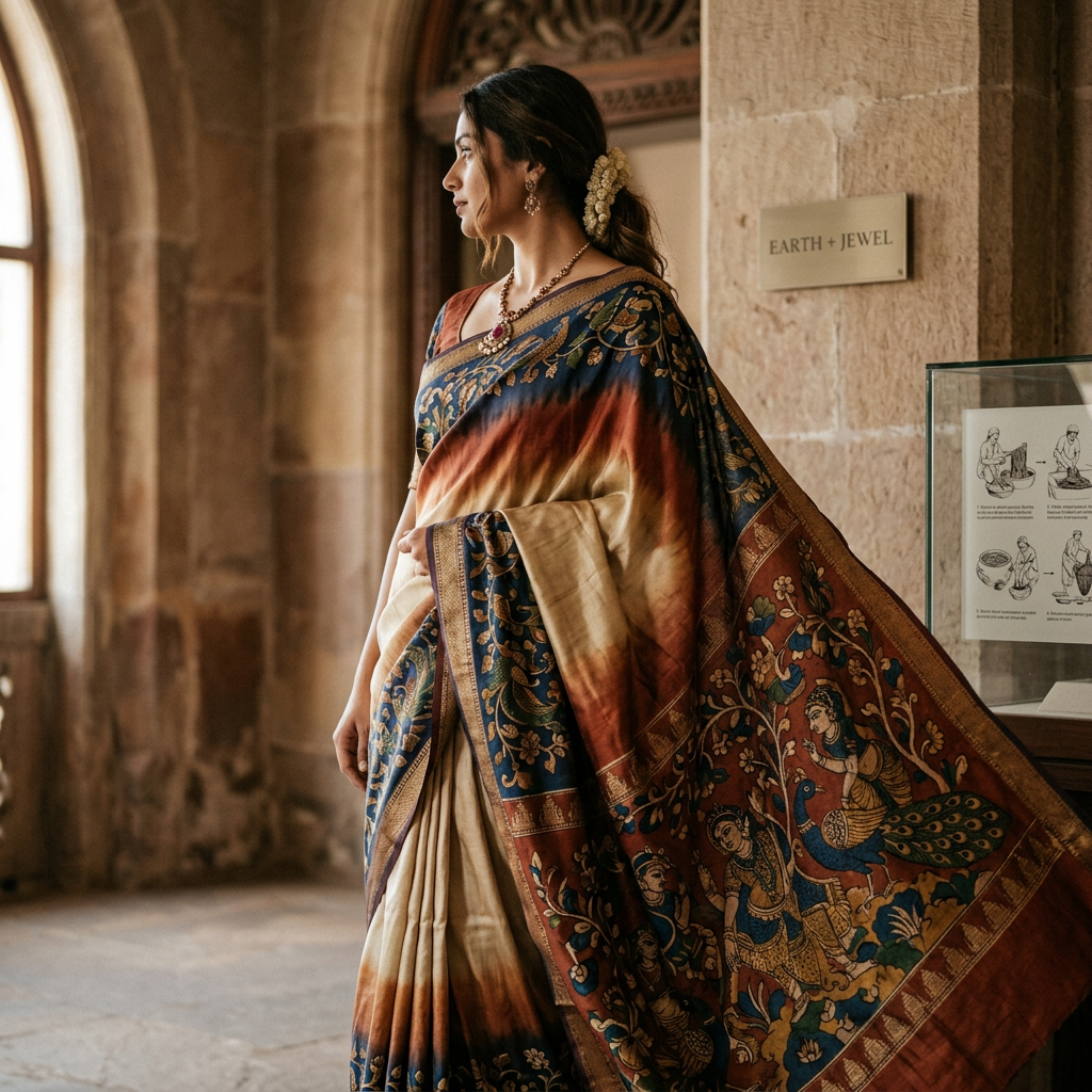 Woman wearing an ornate sari beside an Earth + Jewel exhibition sign